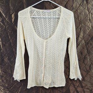 Divina Italy Cream Chevron Knit Pattern Light Cardigan w/ Lace Sleeves